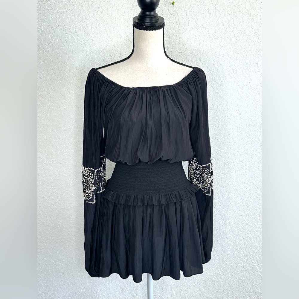 Ramy Brook Black Off-Shoulder Mini Dress Smocked Puff Sleeve XS Polyester